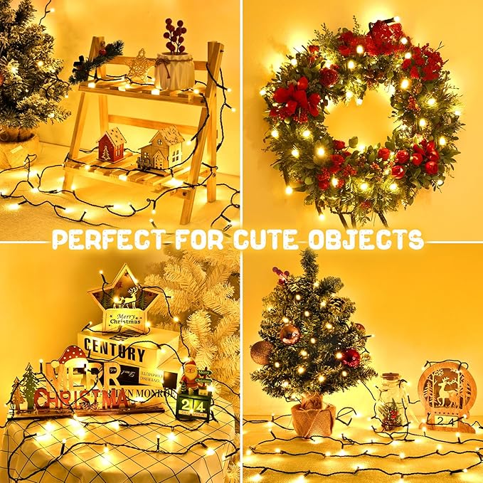 Christmas Lights Outdoor Battery Operated String Lights Total 100LED 33Ft with Timer 8 Modes 16.4Ft*2 Waterproof Outdoor Indoor for Christmas Decor, Warm White, 2-Pack