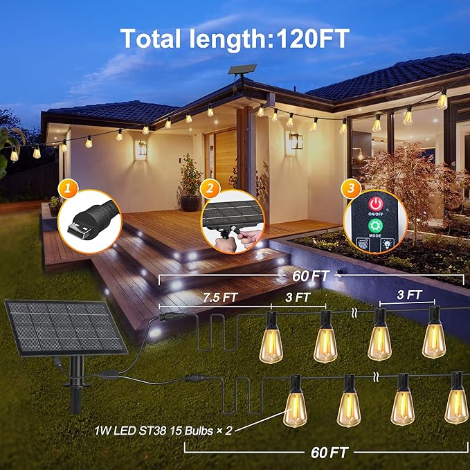 120FT Solar String Lights Outdoor Waterproof with Remote Control Solar Patio Lights 30+2 shatterproof LED ST38 Bulbs for Porch Garden Market Bistro Patio Backyard Fence