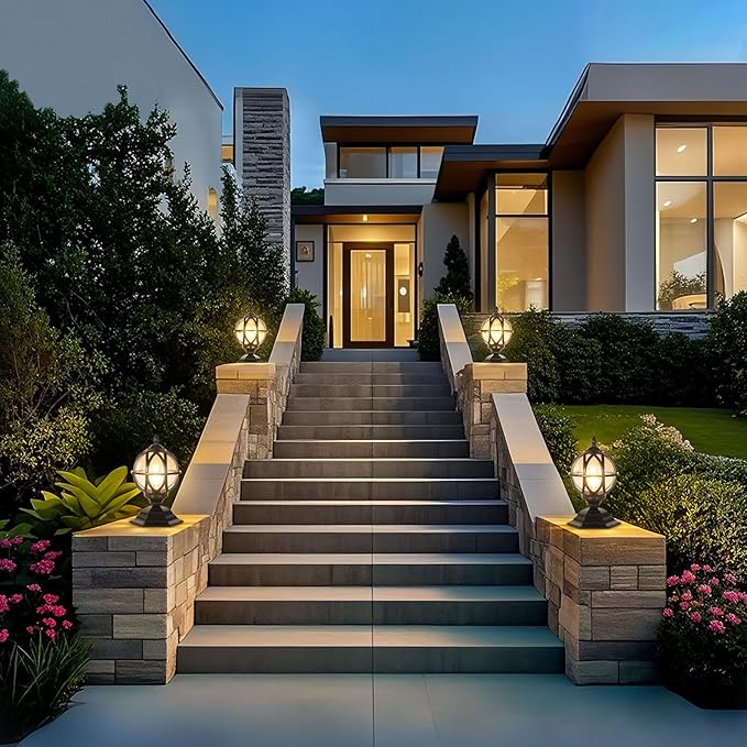 Outdoor Post Caps Lights Fixture Exterior Post Mount Column Lights IP55 Waterproof Pillar Lamps Fence Deck Caps Lanterns With Globe Amber Glass Landscape Lighting Yard Porch Gate Bollard Pedestal Lamp