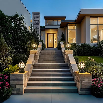 Outdoor Post Caps Lights Fixture Exterior Post Mount Column Lights IP55 Waterproof Pillar Lamps Fence Deck Caps Lanterns With Globe Amber Glass Landscape Lighting Yard Porch Gate Bollard Pedestal Lamp