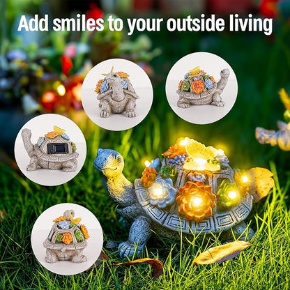 Solar Garden Outdoor Statues with Succulent and 7 LED Lights - Lawn Decor Tortoise Statue for Patio, Balcony, Yard Ornament - Unique Housewarming Gifts (Gray Turtle)