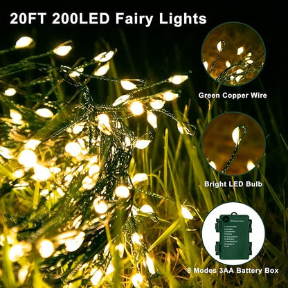 Battery Operated Christmas Cluster Lights, 20FT 200 Micro LED Fairy Lights with 8 Modes and Auto Timer, Green Copper Wire for Indoor Outdoor Christmas Tree Wreath Garland Garden Party,Warm White