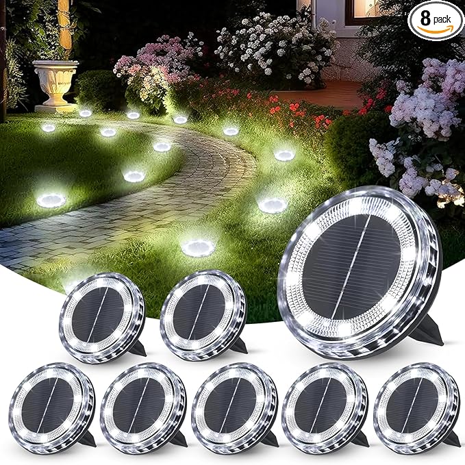 8-Pack Cool White In-Ground Solar Lights, Flat LED Garden