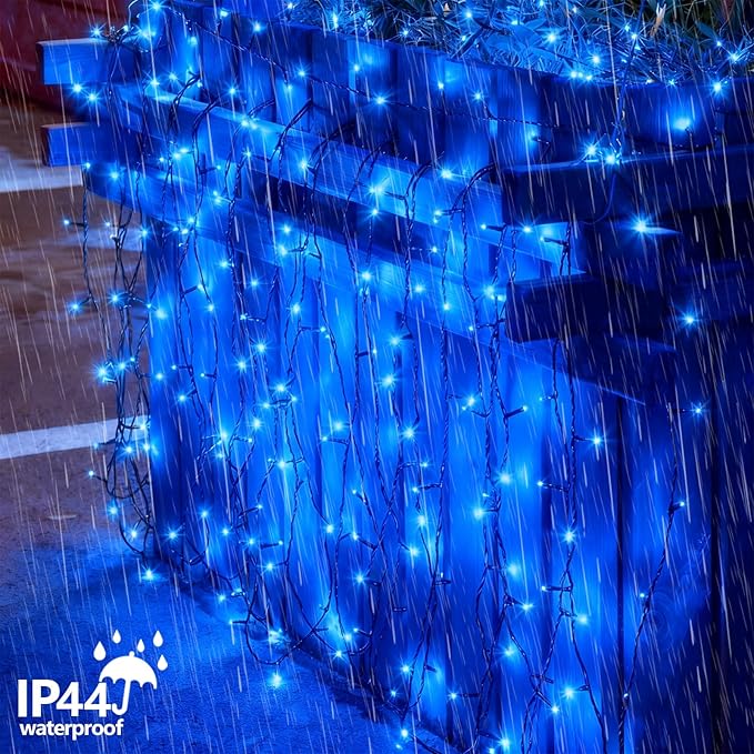 YEGUO Christmas Lights Battery Operated, 2 Pack Each 33ft 100 LED Blue String Lights Outdoor Waterproof, 8 Modes Green Wire Fairy Light Indoor with Remote