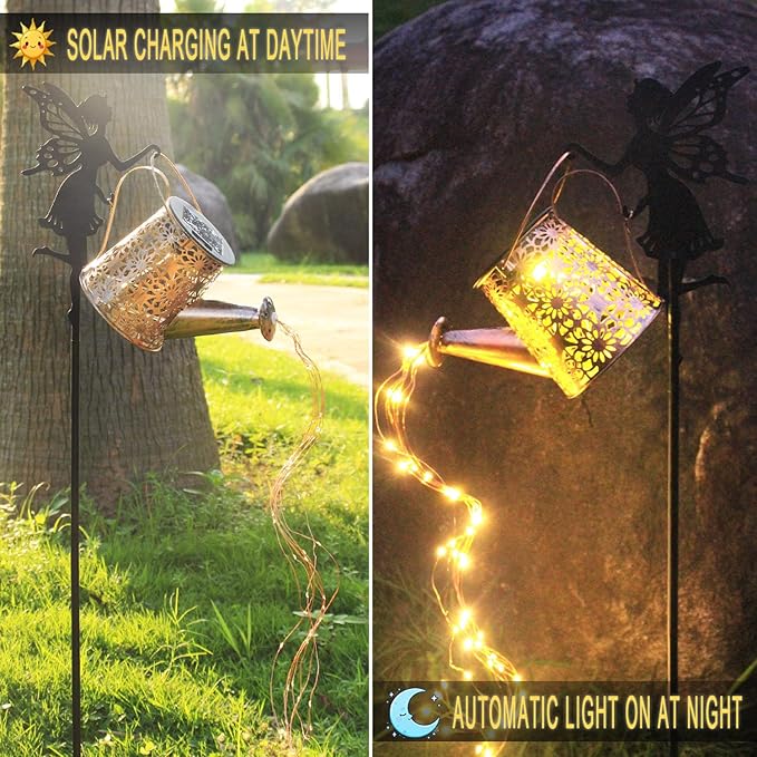 2Pack Solar Watering Can Lights,Waterproof Hollowed-Out Retro Metal Outdoor Lights with Fairy or Gnomes Accessories,Gifts for Mom Grandma Women Garden Patio Pathway Christmas Decor(Angel 2 Style)