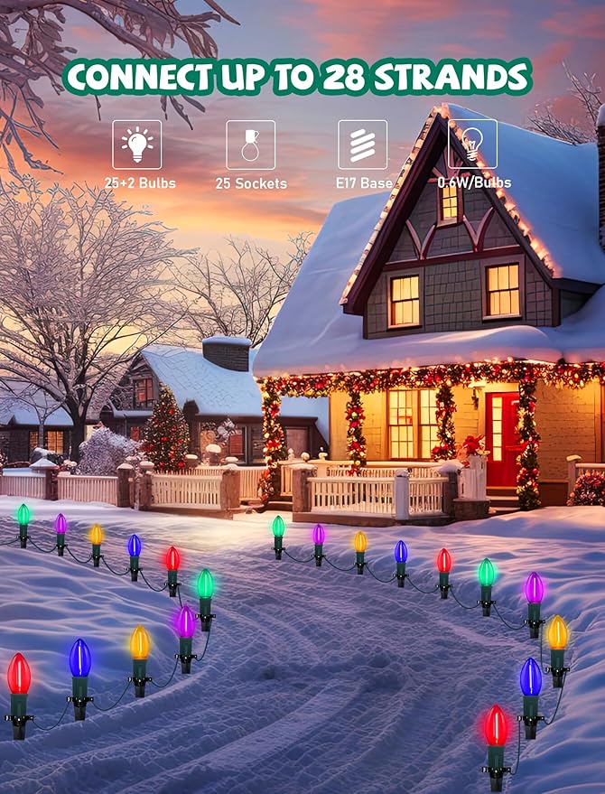 C9 LED Christmas Pathway Lights Outdoor 38Ft 25 LED C9 Multicolor Bulbs Christmas Pathway Stakes Lights, Connectable Outdoor Walkway Lights for Yard Patio Sidewalk Driveway Garden Lawn Decor