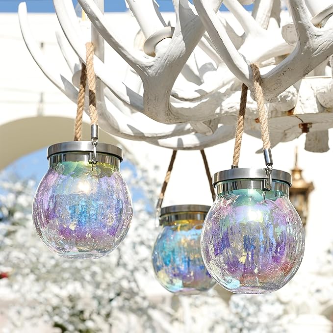 Cooo Gift for her him 2 Pack Solar Lanterns Waterproof Outdoor Iridescent Heavy Crackle Glass a Big LED Stainless Steel Lid 215% Solar for Women Mom Grandma Outdoor Table Lamps Garden Backyard Decor