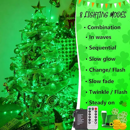 YEGUO Christmas Lights Battery Operated, 2 Pack Each 33ft 100 LED Green String Lights Outdoor Waterproof, Green Wire Fairy Christmas Light Indoor with Remote