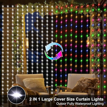 echosari 20Ft x 10Ft Large Curtain Lights Plug in, 600 LED Dual Color Changing Outdoor Curtain Lights Waterproof Connectable with Remote for Wedding Backdrop Yard Decor (Cool White & Multicolor)