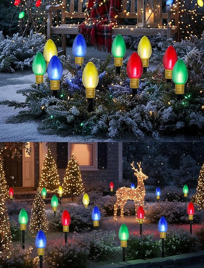 Jumbo Outdoor Christmas Lights Pathway, 2 Pack 7 Ft Jumbo C9 LED Christmas Pathway Lights Outdoor with Marker Stakes, 8 Multicolor Bulbs Holiday Pathway Lights for Lawn Yard Decor