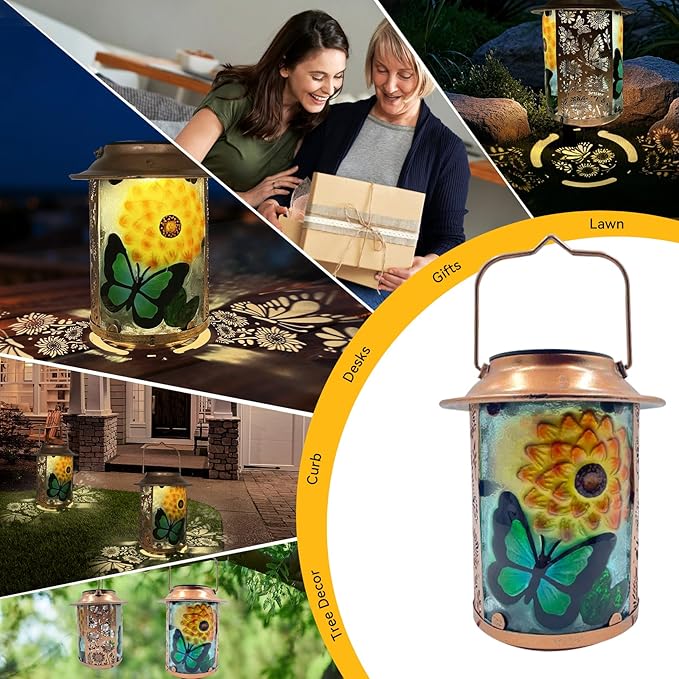 10" H Sunflower Butterfly Solar Lanterns Outdoor, Metal Glass Hanging Solar Lanterns with Hollow Out Retro Sunflower Lights, Decorative for Garden Yard Patio Pathway Tabletop Gifts