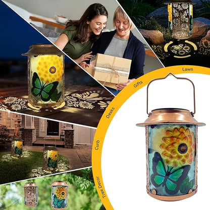 10" H Sunflower Butterfly Solar Lanterns Outdoor, Metal Glass Hanging Solar Lanterns with Hollow Out Retro Sunflower Lights, Decorative for Garden Yard Patio Pathway Tabletop Gifts