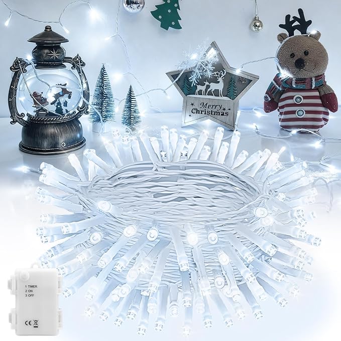 Christmas String Lights Battery Operated, LED Christmas Lights Outdoor with Tiimer White Wire Mini Lights 16.4ft 50LED for Christmas Tree Garland Wedding Party Cool White