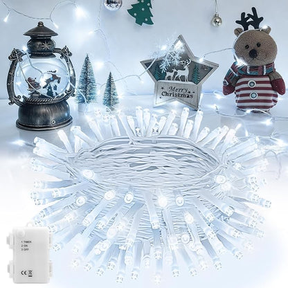 Christmas String Lights Battery Operated, LED Christmas Lights Outdoor with Tiimer White Wire Mini Lights 16.4ft 50LED for Christmas Tree Garland Wedding Party Cool White