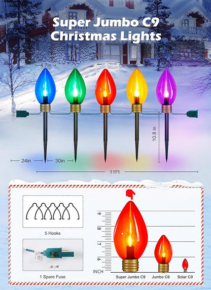 Super Jumbo C9 Christmas Pathway Lights - 11FT 5 LED C9 Pathway Light, Multicolor Christma Decoration Outside, Waterproof Giant Christmas Lights Outdoor Decoration for Yard Holiday Lawn Walkway