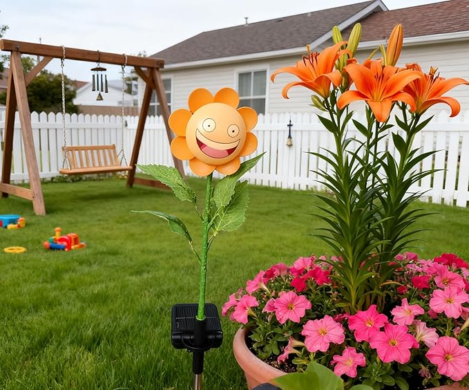 Single Pack Bobble Face Wind Spinners Sunflower Pinwheels Solar Fairy Light Outdoor - Garden Decor Gift, Waterproof Auto-On/Off Pathway, Lawn, Yard Stake Light Windmill for Decorations