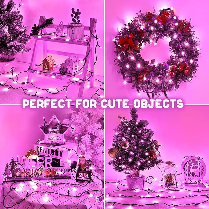 Pink Christmas Lights Outdoor Battery Operated String Lights Total 100LED 33Ft with Timer 8 Modes 16.4Ft*2 Waterproof Outdoor Indoor for Christmas Decor, Pink, 2-Pack