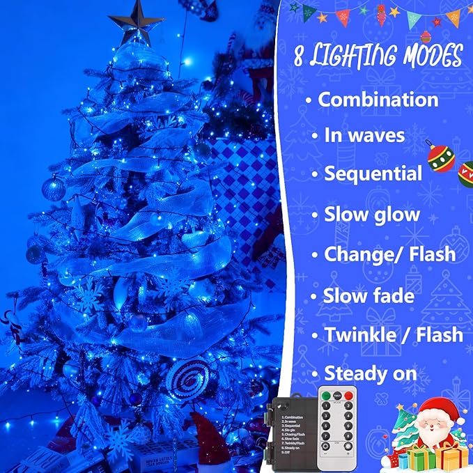 YEGUO Christmas Lights Battery Operated, 2 Pack Each 33ft 100 LED Blue String Lights Outdoor Waterproof, 8 Modes Green Wire Fairy Light Indoor with Remote