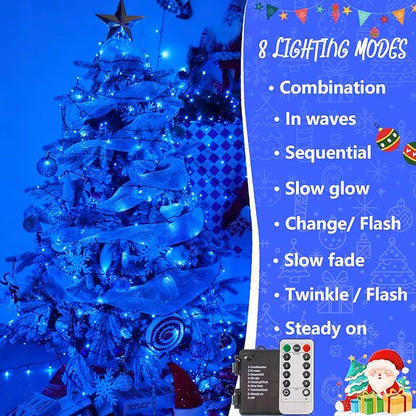 YEGUO Christmas Lights Battery Operated, 2 Pack Each 33ft 100 LED Blue String Lights Outdoor Waterproof, 8 Modes Green Wire Fairy Light Indoor with Remote