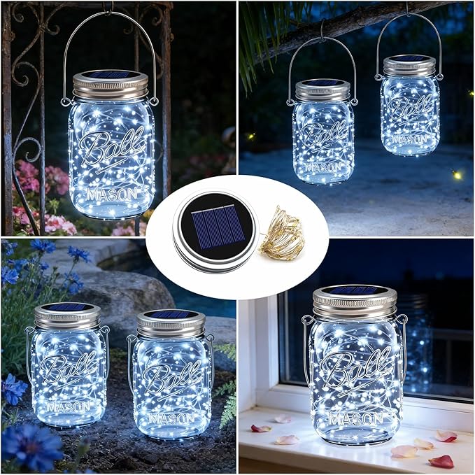 VOOKRY 12 Pack Solar Mason Jar Lights, 30 LED Mason Jar Lids Waterproof Firefly Fairy String Lights with 12 Hangers(No Jars), for Outdoor Patio Garden Yard Lawn Party Wedding Decoration - Cool White