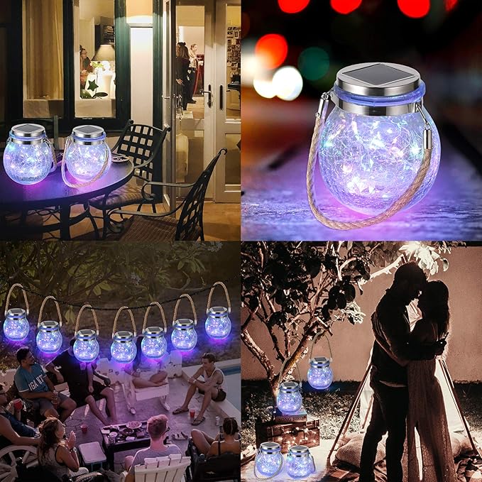 Solar Hanging Lanterns Outdoor Waterproof, Table Lamps Decorative Cracked Glass Jar 30 LED Lights for Garden Tree Court Yard Patio Pathway Christmas Day Holiday Party Decoration (1, Colors Light)