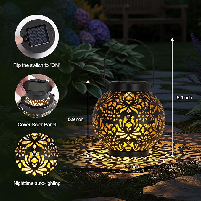 Homemory 2 Pack Solar Lanterns Outdoor Waterproof Hanging Lantern Decorative Outside Lights for Pathway, Patio, Backyard, Porch, Lawn (Black)