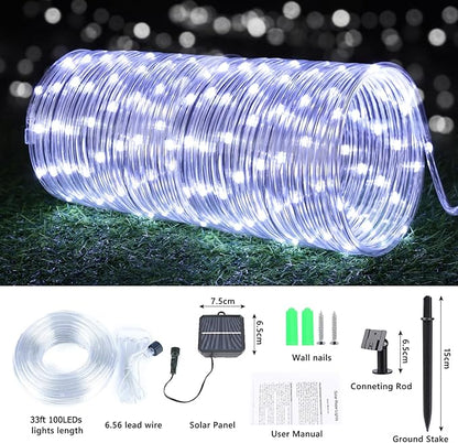 Solar Rope Lights Outdoor, 2-Pack 66ft Total, 200 LED 8-Mode Waterproof String Tube Lights for Garden & Patio, White