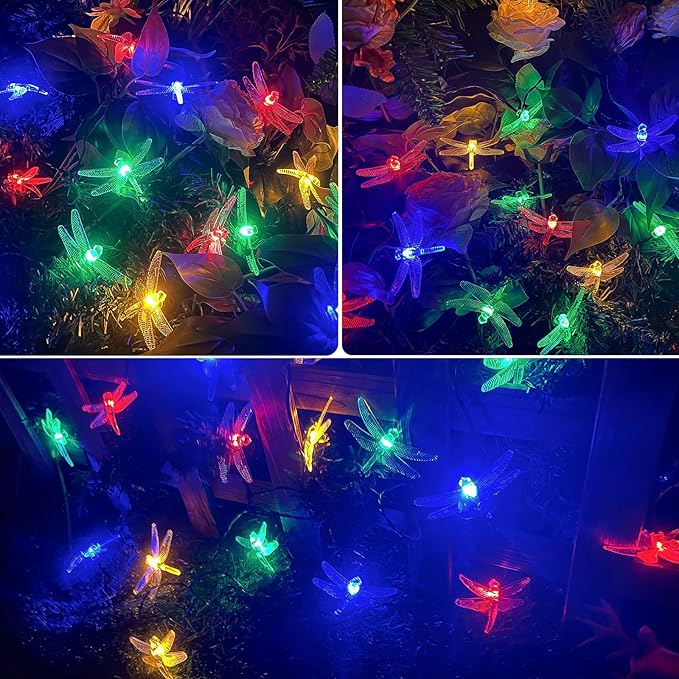 OZS 2PK 40LED 50FT Dragonfly Solar Lights Outdoor Waterproof, Multicolor Solar Fairy Lights with 8 Lighting Modes, Garden Decor for Outside, Pathway Lights for Fence, Patio, Yard
