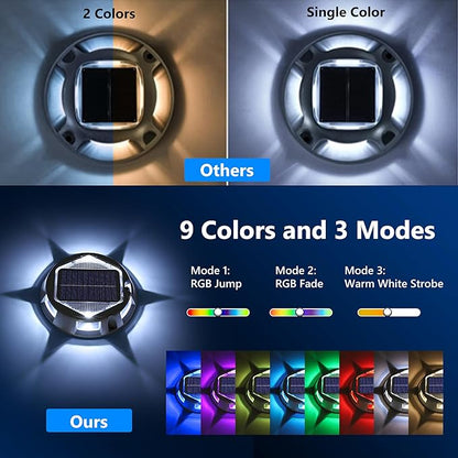 Solar Deck Light Outdoor, 6 Pack 9 Colors in 1 Solar Driveway Dock Lights, IP67 Waterproof Solar Powered Outdoor Light, RGB Step Lights for Outside Garden Yard Fence Stair Sidewalk Pathway Walkway