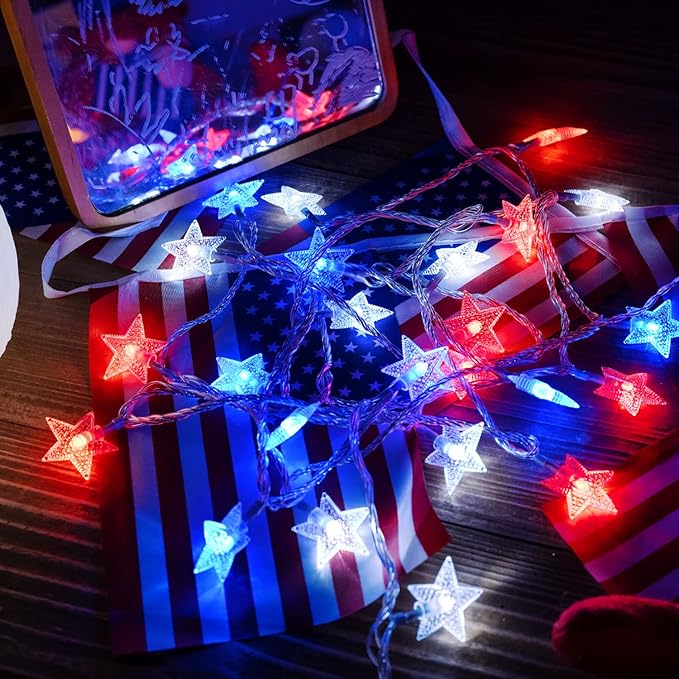 4th of July Decor Lights, Red White Blue Lights Battery Operated 100LED Patriotic Star String Lights 51FT 8Mode Waterproof for Indoor Outdoor 4th of July Independence Day Memorial Day Decor