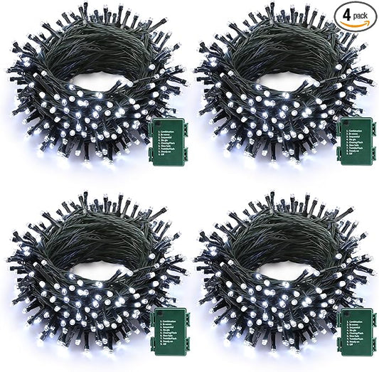 Lomotech Battery Operated Christmas Lights - 4 Pack Total 66ft 200LEDs String Lights 8 Modes Waterproof with Timer for Home, Garden, Party, Holiday, Tree Decoration (Green Wire, White）