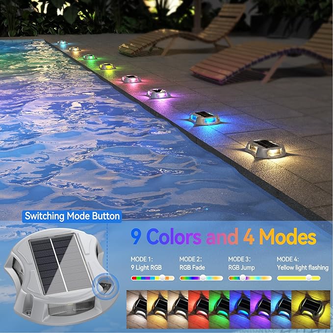 LumiZen 12Pack Solar Deck Lights Driveway Dock Light, 12 Color Modes Led IP67 Waterproof Outdoor Warning Step Lights for Driveway Sidewalk Garden Pathway Yard[Strobe/RGB/Fix-Color]