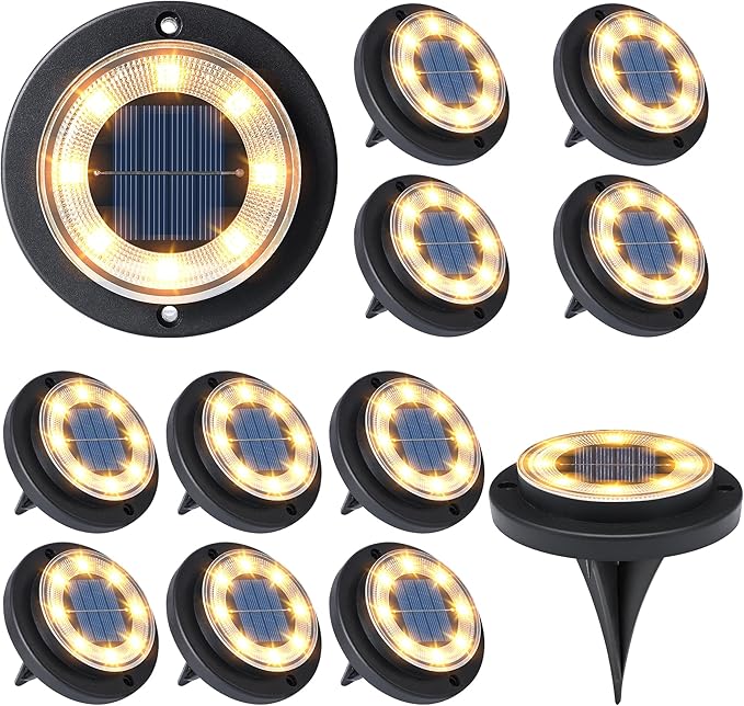 Solar Flat Disk Lights 12-Pack, Waterproof Driveway