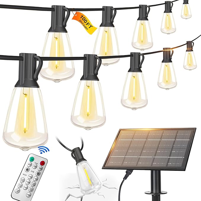 100FT Solar String Lights Outdoor Waterproof with Remote Control Solar Patio Lights 30+2 shatterproof LED ST38 Bulbs for Porch Garden Market Bistro Patio Backyard Fence