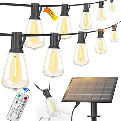100FT Solar String Lights Outdoor Waterproof with Remote Control Solar Patio Lights 30+2 shatterproof LED ST38 Bulbs for Porch Garden Market Bistro Patio Backyard Fence