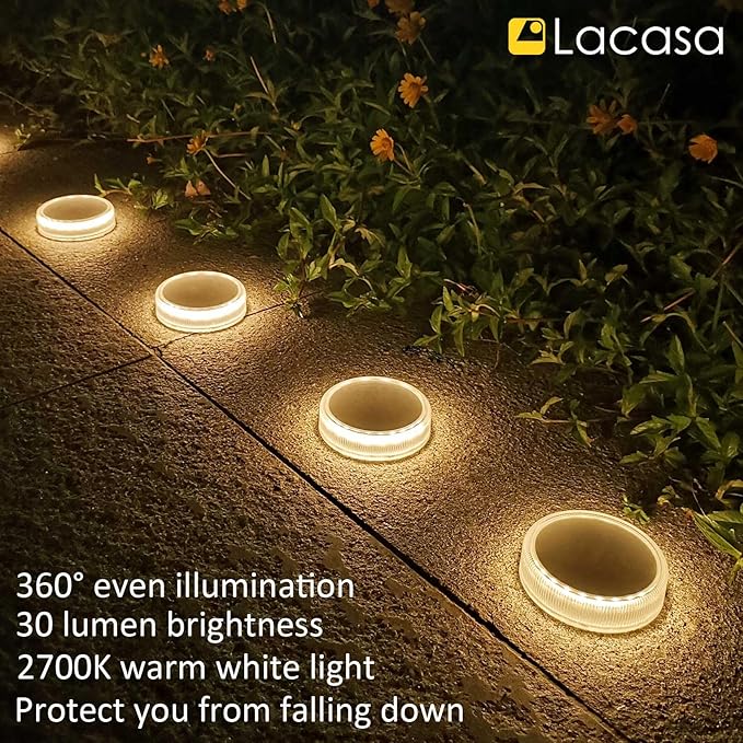 Lacasa Solar Deck Lights, 4 Pack 30LM Outdoor Solar Powered Step Lights, LED Dock Lights Warm White 2700K Light up All Night IP68 Waterproof Auto ON/Off for Garden Stairs Driveway Pathway Lighting