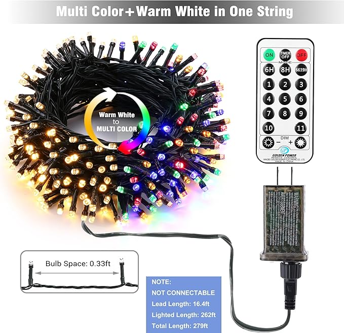 800 LED Christmas Twinkle Lights, 279ft Waterproof for Patio