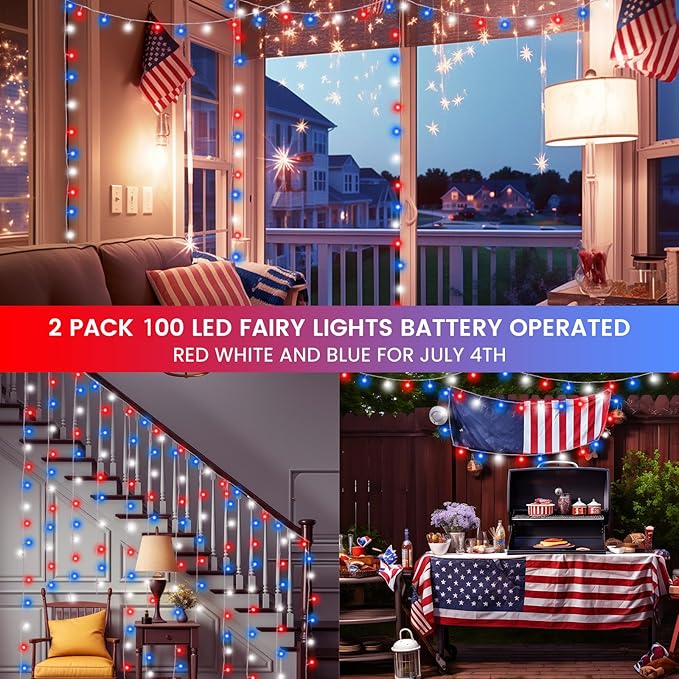 2 Pack Red White and Blue Fairy Lights Battery Operated, 33FT 100LED July 4th Patriotic String Lights with Timer, 8 Modes Waterproof Twinkle Light Indoor Outdoor for Independence Day National Day