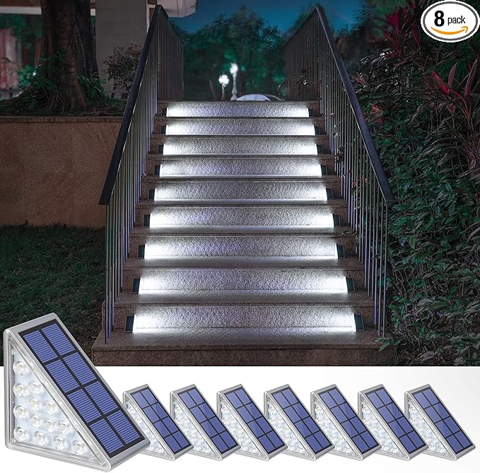 NIORSUN Solar Step Lights,8 Pack Cool White Solar Stair Lights Outdoor Waterproof IP67 Auto On Off,Solar Lights for Steps,Stair,Patio,Yard,Porch,Front Door,Sidewalk,Deck Decor
