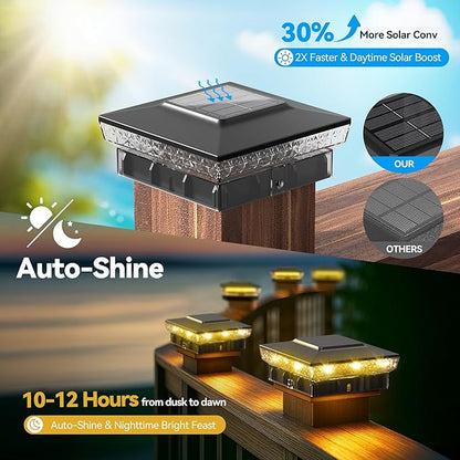 Solar Post Cap Lights, 16-Pack Upgraded Outdoor Deck Fence Post Solar Lights for 4x4 5x5 Wood/Vinyl Posts, IP65 Waterproof, 10-12 Hours Warm/Cool White Glow for Garden/Patio/Porch - Black