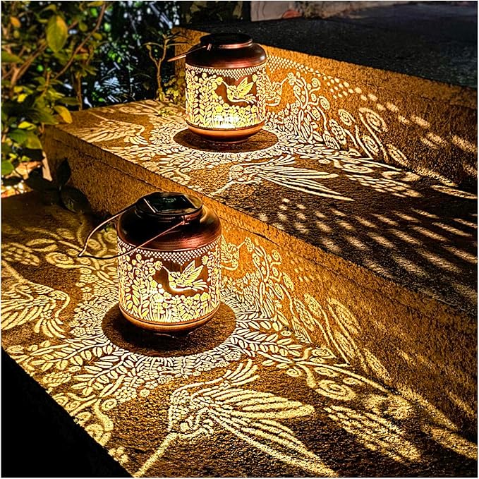2 Pack Hummingbird Outdoor Solar Hanging Lanterns Waterproof LED Solar Lights Metal Decorative Lanterns for Garden, Patio, Courtyard, Backyard, Yard Decor Unique Hummingbird Gifts for Women Gardening