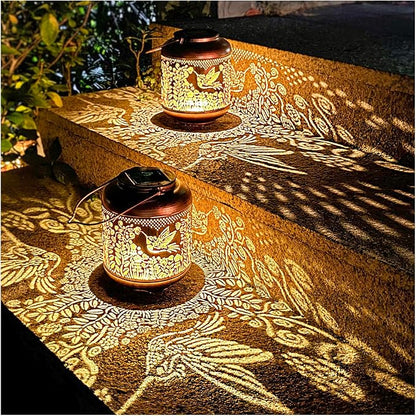 2 Pack Hummingbird Outdoor Solar Hanging Lanterns Waterproof LED Solar Lights Metal Decorative Lanterns for Garden, Patio, Courtyard, Backyard, Yard Decor Unique Hummingbird Gifts for Women Gardening