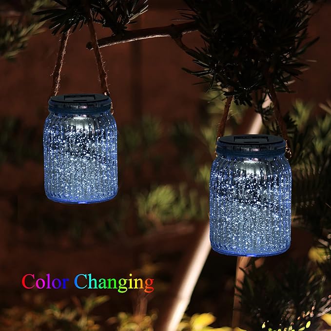 Hanging Solar Lantern Lights Outdoor 2 Pack,20 LED Solar Mercury Glass Mason Jar Hanging Lights Waterproof for Tree, Table, Yard, Garden, Patio, Holiday Party Outdoor Decor, Color Changing