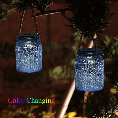 Hanging Solar Lantern Lights Outdoor 2 Pack,20 LED Solar Mercury Glass Mason Jar Hanging Lights Waterproof for Tree, Table, Yard, Garden, Patio, Holiday Party Outdoor Decor, Color Changing