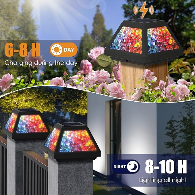 Solar Post Cap Lights - 4x4, 5x5, 6x6 Fence Post Solar Lights, Daffodils Lampshade, 15LM Bright LED, IP65 Waterproof Outdoor Post Lights for Garden, Yard, Deck, Warm White (Mosaic, 4)
