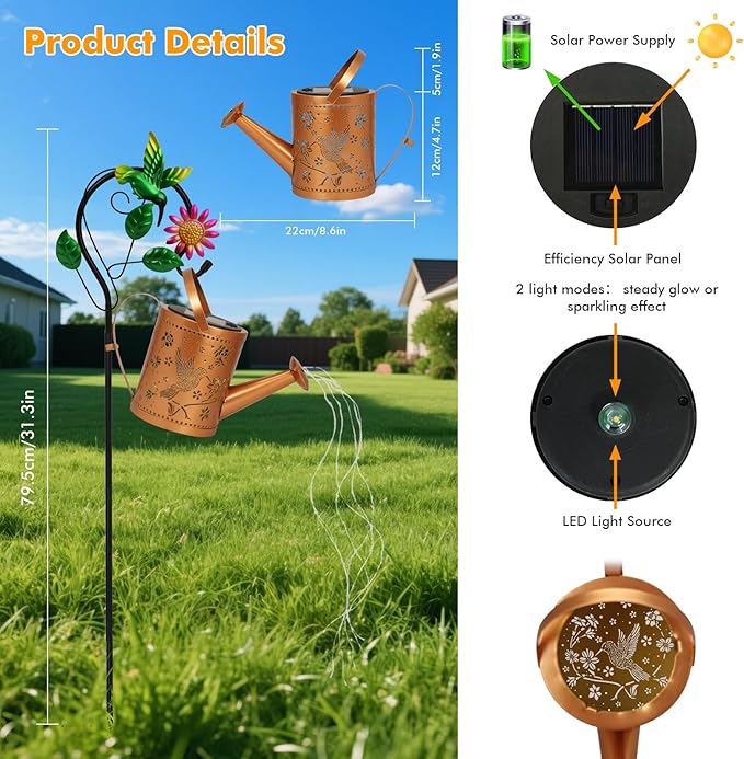 Hummingbird Outdoor Hanging Solar Lantern Waterproof Metal Openwork Hummingbird Watering Can Landscape Lights with Shepherd Hook for Porch Lawn Driveway Backyard Pathway Gifts for Women Mom Grandma