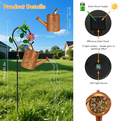 Hummingbird Outdoor Hanging Solar Lantern Waterproof Metal Openwork Hummingbird Watering Can Landscape Lights with Shepherd Hook for Porch Lawn Driveway Backyard Pathway Gifts for Women Mom Grandma