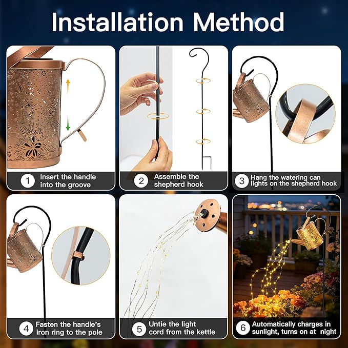 Ollny Solar Watering Can with Cascading Lights Outdoor Garden Decor, Birthday Gifts for Mom Grandma Women, IP65 Waterproof 2 Lighting Modes Hanging Lanterns for Yard Patio Lawn (Hummingbird)