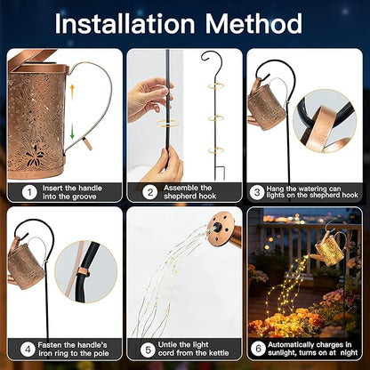 Ollny Solar Watering Can with Cascading Lights Outdoor Garden Decor, Birthday Gifts for Mom Grandma Women, IP65 Waterproof 2 Lighting Modes Hanging Lanterns for Yard Patio Lawn (Hummingbird)