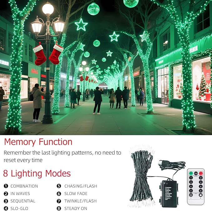 Tcamp 33ft 100LED Green Christmas Lights Battery Operated with Remote Memory Timer, 8 Modes Battery String Lights for Christmas Tree Wreath Bedroom Outdoor Indoor Decor